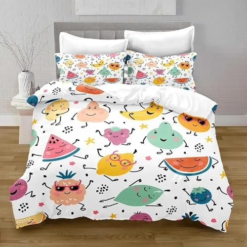 ZDLLDZ Bettbezug-Set mit Cartoon-Früchten, Wassermelone, Ananas, Zitrone, Banane, Aufdruck, weiches Polyester-Bettwäsche-Set für Kinder und Teenager, 135 x 200 cm + 40 x 70 cm x 2,5 cm von ZDLLDZ