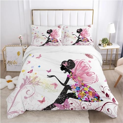 ZDLLDZ Parure de lit nordique Avec housse de couette et taie d'oreiller, Motif Papillon, Fleur, fée, Europe, King, 155x220cm + 40x80cm x 2 von ZDLLDZ