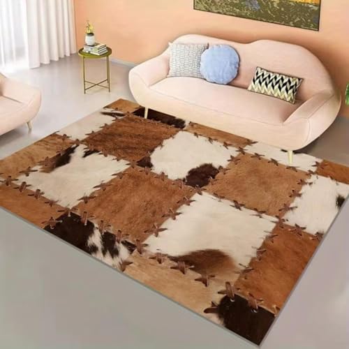 ZDLLDZ Teppich mit Kuhfellfleckenmuster, Rindsleder, Patchwork-Druck, Polsterteppich, Wohnzimmer-Bodenmatte im Estern-Cowboy-Stil für Sofa, 135 x 135 cm von ZDLLDZ