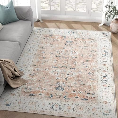 ZDLLDZ Teppiche 5X7 Wohnzimmer Waschbar Vintage Boho Blumendruck Bodenbelag Niedriger Flor Dünn rutschfest Retro Teppich 210x240cm/83x94in von ZDLLDZ