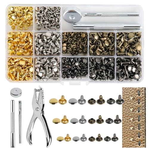 ZDNT 360 Set Leder Nieten Doppelkappe Rivet 3 Größen Nieten für Leder Ledernieten Metallnieten Set Nieten Set mit 3 Stück Fixierung Werkzeug Hohlniete für DIY Handwerk Reperatur Dekoration von ZDNT