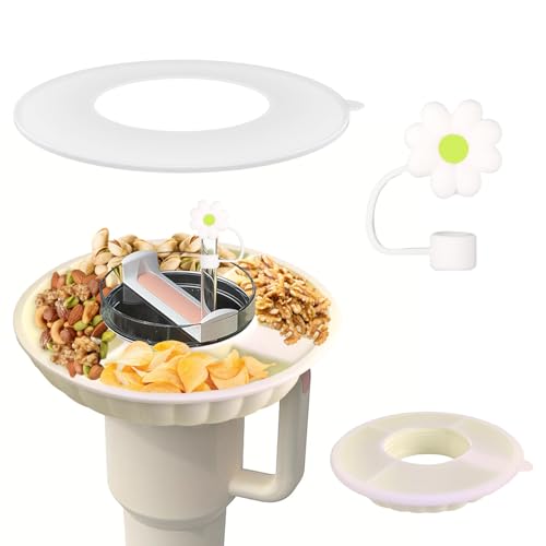 ZDNT Snackteller mit Deckel für Stanley Cup 40oz Snack Schale kompatibel mit Stanley Quencher 40oz Tumbler mit Griff,Silikon Snack Tablett mit 4 Fächern,Stanley Cup Zubehör für Zuhause,draußen,Weiß von ZDNT