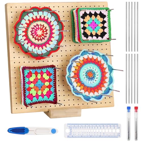 ZDNT Sperrbrett Für Granny Square,Handcrafted Wooden Blocking Board,Häkelprojekte Sperrbrett Häkeln Holz,Crochet Blockierbretter Full Kit with 10 Edelstahl-Stabstiften Und 5 Nadeln (19.5 x 19.5 cm) von ZDNT