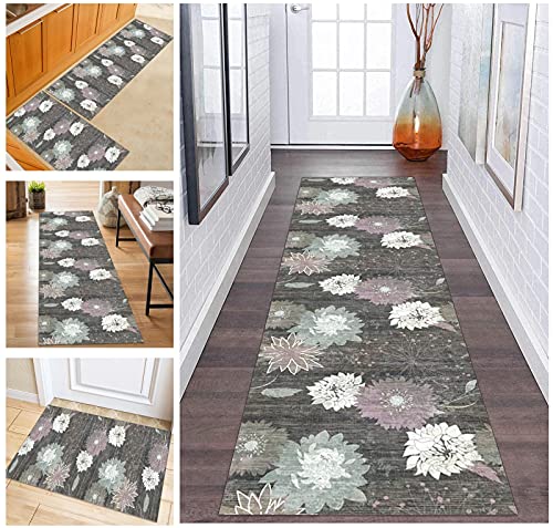 ZDOHMij 3D Grau Läufer Teppich Flur Blumen Korridor Modern rutschfest Designer, Küchenläufer TeppichLäufer Waschbar für Flur, Schlafzimmer, Wohnzimmer, Breite 60cm/ 70cm/ 80cm/ 90cm/ 100cm/ 120cm von ZDOHMij