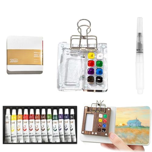 Mini-Aquarellfarben-Set, faltbare Holzpalette mit Deckel und Metallclip, Reise-Aquarellpalette aus Holz for Anfänger und Malbegeisterte(Acrylic (8 Grids)) von ZDOUXUAN