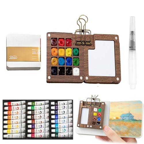 Mini-Aquarellfarben-Set, faltbare Holzpalette mit Deckel und Metallclip, Reise-Aquarellpalette aus Holz for Anfänger und Malbegeisterte(Wodden (15 Grids)) von ZDOUXUAN