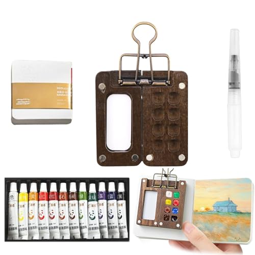 Mini-Aquarellfarben-Set, faltbare Holzpalette mit Deckel und Metallclip, Reise-Aquarellpalette aus Holz for Anfänger und Malbegeisterte(Wodden (8 Grids)) von ZDOUXUAN