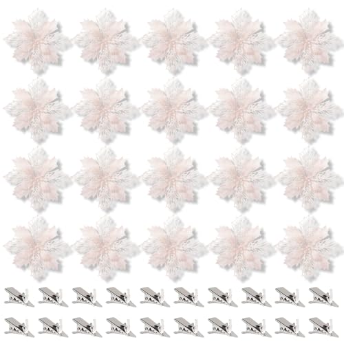 20 Stücke Christbaumschmuck Glitter Poinsettia,Weihnachtsschmuck Baumschmuck Künstliche Weihnachtsblumen Deko für Weihnachtsbaum Weihnachtskranz Ornamente (Rosa-Weiß) von ZDQC