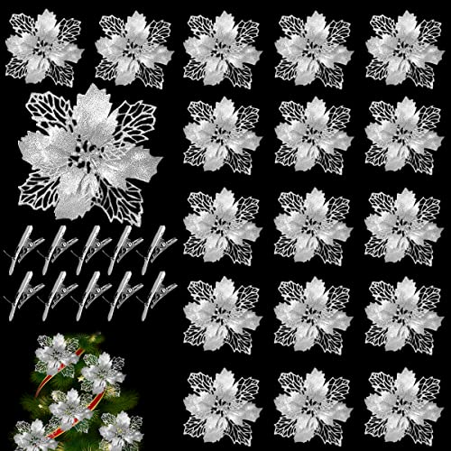 ZDQC 20 Stück Weihnachtsblumen Deko,Weihnachtsdekoration Blumen,Weihnachtsblumen Picks Glitzer,Blumen Weihnachtsbaum,Weihnachtsblumen Künstlich,Christmas Poinsettia Decorations (Silber) von ZDQC