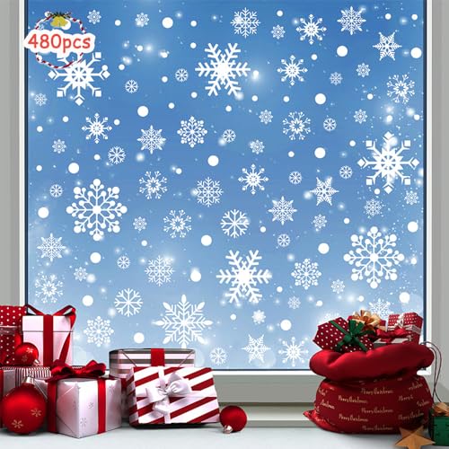 8 Blatt Fenstersticker Schneeflocken,480 Stück Weihnachtsfensteraufkleber,Weihnachts Aufkleber Fenster,Schneeflocke Aufkleber,Fensteraufkleber Weihnachten Wiederverwendbar von ZDQC