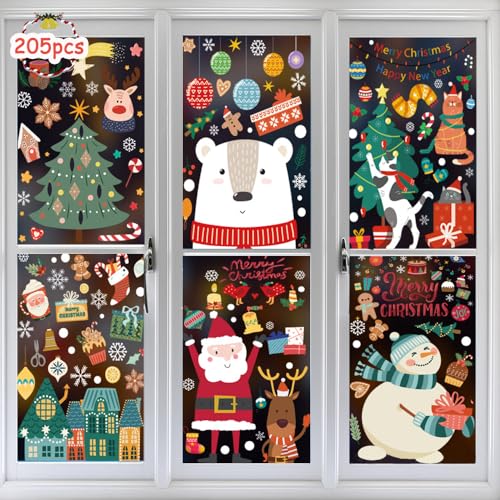 9 Blatt Weihnachten Fenstersticker,205 Stück Weihnachts Aufkleber Fenster,Schneeflocke Aufkleber,Fensteraufkleber Weihnachten Wiederverwendbar,Doppelseitige Statisch Haftende PVC Aufkleber von ZDQC