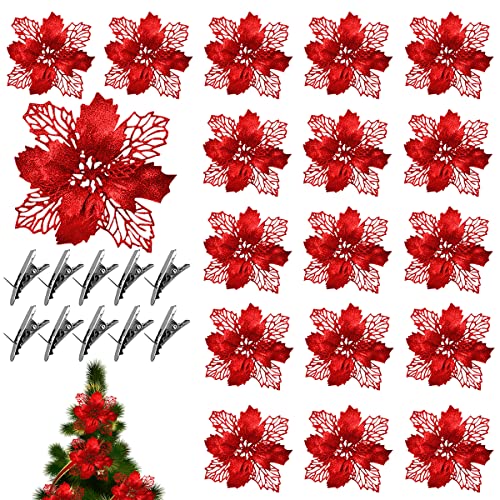 ZDQC 20 Stück Weihnachtsblumen Deko,Weihnachtsdekoration Blumen,Weihnachtsblumen Picks Glitzer,Blumen Weihnachtsbaum,Weihnachtsblumen Künstlich,Christmas Poinsettia Decorations (Rot) von ZDQC