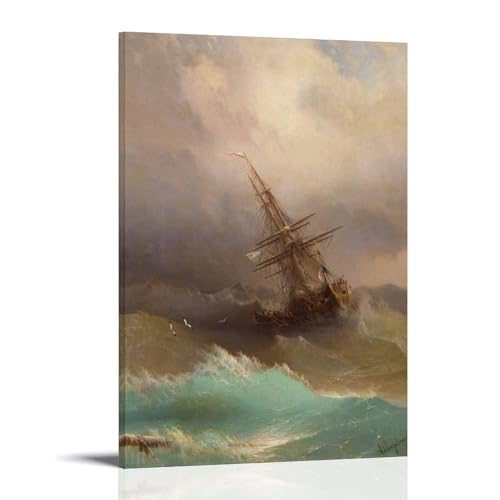 ZDXTYH Ölgemälde "Schiff in einem stürmischen Meer", moderne ästhetische Dekordrucke für Schlafzimmer, Wohnzimmer, Büro, mit hochwertiger, lichtbeständiger Leinwand, 40 x 60 cm, Ölgemälde "Schiff in von ZDXTYH