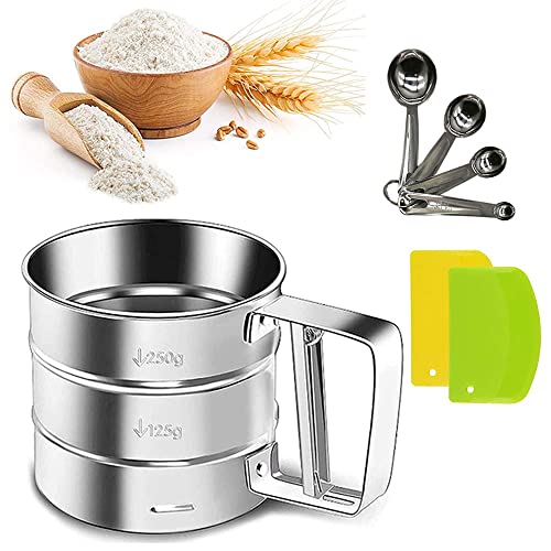 Mehlsieb Edelstahl 304 Puderzuckersieb Einhandsieb 250g Handsieb Küche sichere Bedienung zum gleichmäßigen und feinen Bemehlen, mit 4-teiliges Set Mehllöffel Edelstahl, 2 Teigschaber von ZDYFC