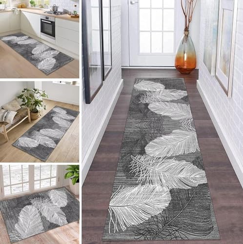3D Teppich Läufer Flur Küche rutschfest waschbar Teppichläufer Lang 80X200CM Grau Weiß Modern Design Meterware Korridor Tepiche Esszimmer Schlafzimmer Wohnzimmer Schmutzfangmatte Küchenteppich von ZDYHMrj