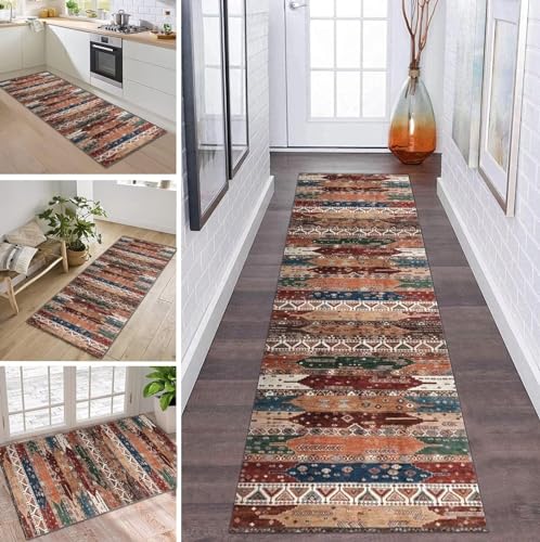 Boho Teppich Läufer Flur Küche rutschfest waschbar Teppichläufer Lang 110X130CM Vintage Modern Polyester Küchenläufer Teppich Meterware Korridor Tepiche Esszimmer Eingang Wohnzimmer Schmutzfangmatte von ZDYHMrj