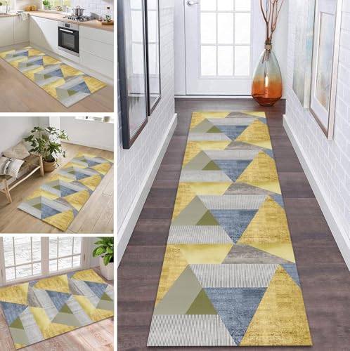 Teppich Läufer Flur Küche rutschfest waschbar Flurläufer 110X450CM Kücheläufer Gelb Grau Blau Grün Teppichmatte Meterware Bettvorleger für Flur Esszimmer Schlafzimmer Wohnzimmer Schmutzfangteppich von ZDYHMrj