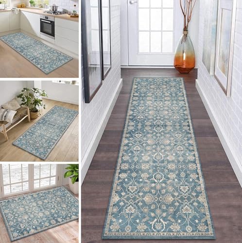 Teppich Läufer Flur Küche rutschfest waschbar Flurläufer Lang 100X180CM Kücheläufer Blau Blumen Teppichmatte Meterware Bettvorleger für Flur Esszimmer Schlafzimmer Wohnzimmer Schmutzfangteppich von ZDYHMrj