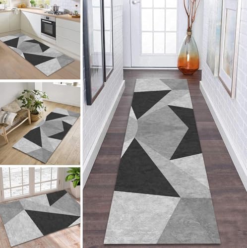 Teppich Läufer Flur Küche rutschfest waschbar Flurläufer Lang 100X300CM Kücheläufer Grau Schwarz Teppichmatte Meterware Bettvorleger für Flur Esszimmer Schlafzimmer Wohnzimmer Schmutzfangteppich von ZDYHMrj