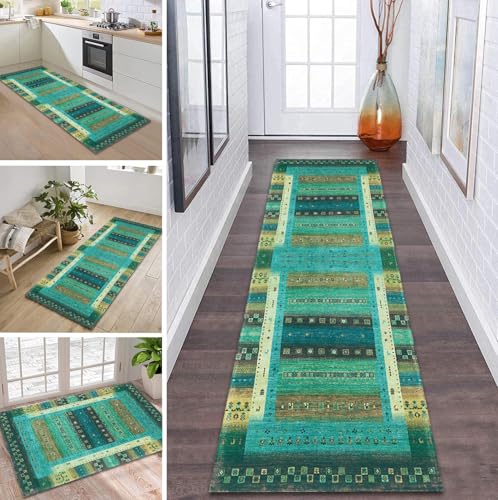 Teppich Läufer Flur Küche rutschfest waschbar Flurläufer Lang 100X500CM Kücheläufer Grün Cyan Braun Teppichmatte Meterware Bettvorleger für Flur Esszimmer Schlafzimmer Wohnzimmer Schmutzfangteppich von ZDYHMrj