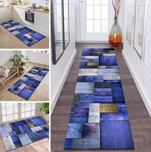 Teppich Läufer Flur Küche rutschfest waschbar Flurläufer Lang 110X100CM Kücheläufer 3D Blau Holz Teppichmatte Meterware Bettvorleger für Flur Esszimmer Schlafzimmer Wohnzimmer Schmutzfangteppich von ZDYHMrj