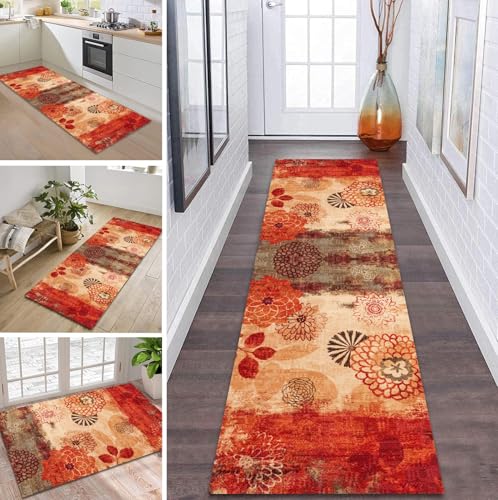 Teppich Läufer Flur Küche rutschfest waschbar Flurläufer Lang 40X180CM Kücheläufer Orange Grün Teppichmatte Meterware Bettvorleger für Flur Esszimmer Schlafzimmer Wohnzimmer Schmutzfangteppich von ZDYHMrj