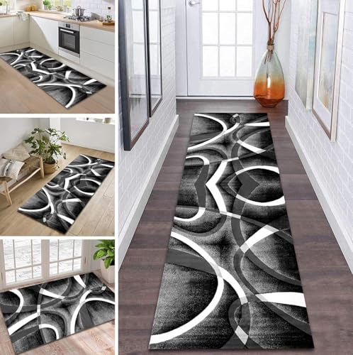 Teppich Läufer Flur Küche rutschfest waschbar Flurläufer Lang 60X110CM Kücheläufer Grau Schwarz Teppichmatte Meterware Bettvorleger für Flur Esszimmer Schlafzimmer Wohnzimmer Schmutzfangteppich von ZDYHMrj