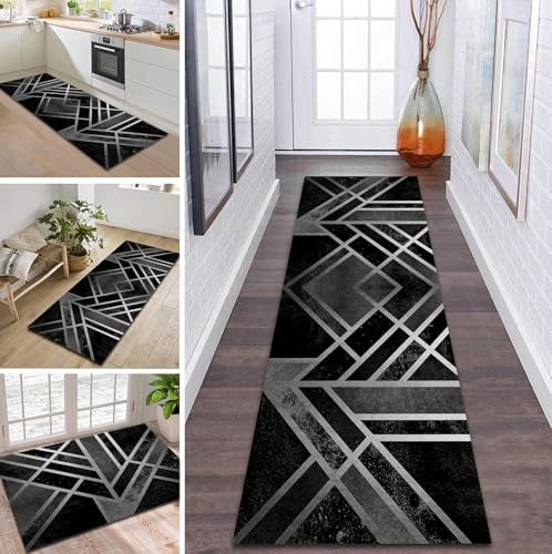 Teppich Läufer Flur Küche rutschfest waschbar Flurläufer Lang 60X120CM Kücheläufer Grau Schwarz Teppichmatte Meterware Bettvorleger für Flur Esszimmer Schlafzimmer Wohnzimmer Schmutzfangteppich von ZDYHMrj