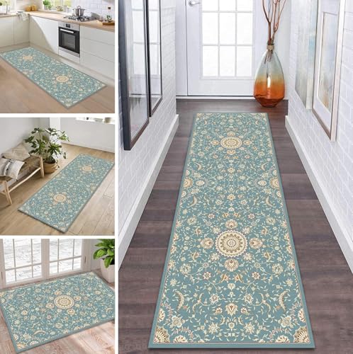 Teppich Läufer Flur Küche rutschfest waschbar Flurläufer Lang 60X200CM Kücheläufer 3D Blau Blumen Teppichmatte Meterware Bettvorleger für Flur Esszimmer Schlafzimmer Wohnzimmer Schmutzfangteppich von ZDYHMrj