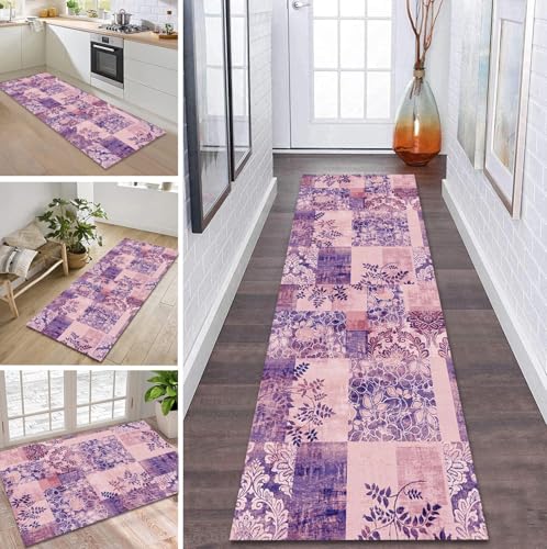 Teppich Läufer Flur Küche rutschfest waschbar Flurläufer Lang 90X100CM Kücheläufer Violett Rosa Teppichmatte Meterware Bettvorleger für Flur Esszimmer Schlafzimmer Wohnzimmer Schmutzfangteppich von ZDYHMrj