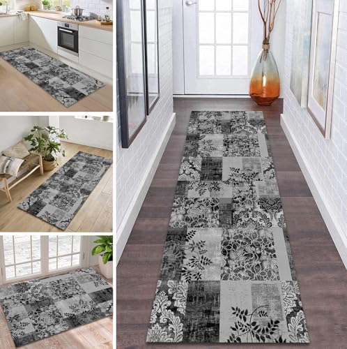 Teppich Läufer Flur Küche rutschfest waschbar Flurläufer Lang 90X140CM Kücheläufer Grau Schwarz Teppichmatte Meterware Bettvorleger für Flur Esszimmer Schlafzimmer Wohnzimmer Schmutzfangteppich von ZDYHMrj