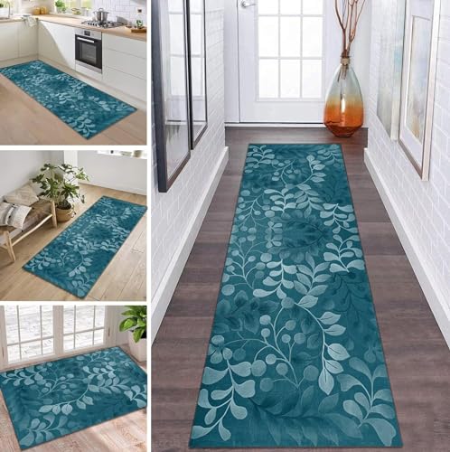 Teppich Läufer Flur Küche rutschfest waschbar Teppichläufer Lang 80X400CM Hellblau Blumen Modern Design Meterware Korridor Tepiche Esszimmer Schlafzimmer Wohnzimmer Schmutzfangmatte Küchenteppich von ZDYHMrj