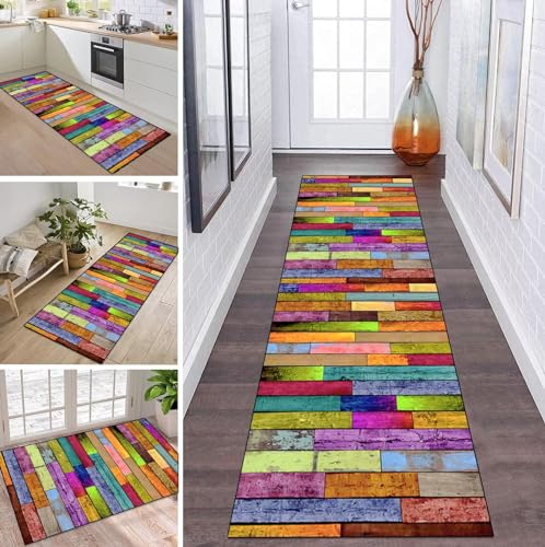 Teppich Läufer Flur Küche rutschfest waschbar Teppichläufer Lang Bunt Streifen 100X500CM Modern Design Meterware Korridor Tepiche Esszimmer Schlafzimmer Wohnzimmer Schmutzfangmatte Küchenteppich von ZDYHMrj