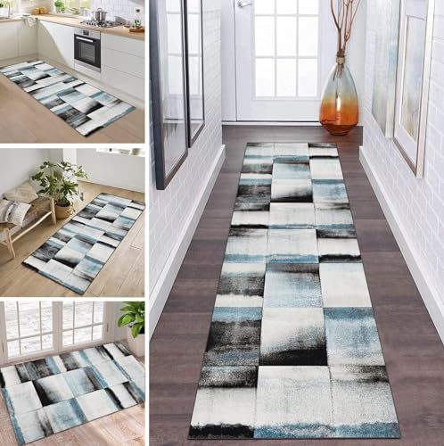 Teppich Läufer Flur Küche rutschfest waschbar Teppichläufer Lang Grau Blau Schwarz 70X180CM Modern Design Meterware Korridor Tepiche Esszimmer Schlafzimmer Wohnzimmer Schmutzfangmatte Küchenteppich von ZDYHMrj
