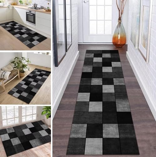 Teppich Läufer Flur Küche rutschfest waschbar Teppichläufer Lang Grau Schwarz 60X280CM Modern Design Meterware Korridor Tepiche Esszimmer Schlafzimmer Wohnzimmer Schmutzfangmatte Küchenteppich von ZDYHMrj