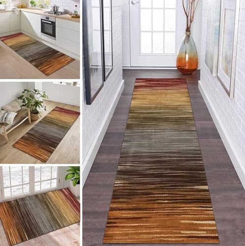 Teppich Läufer Flur Küche rutschfest waschbar Teppichläufer Lang Grün Dunkelbraun Rot 50X120CM Modern Design Meterware Korridor Tepiche Esszimmer Schlafzimmer Wohnzimmer Schmutzfangmatte Küchenteppich von ZDYHMrj