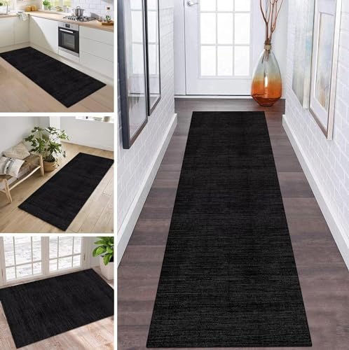 Teppich Läufer Flur Küche rutschfest waschbar Teppichläufer Lang Schwarz Dunkelgrau 80X250CM Modern Design Meterware Korridor Tepiche Esszimmer Schlafzimmer Wohnzimmer Schmutzfangmatte Küchenteppich von ZDYHMrj