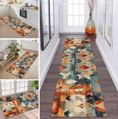Teppich Läufer Flur Küche rutschfest waschbar Teppichläufer Lang Vintage Bunt 90X180CM Modern Design Meterware Korridor Tepiche Esszimmer Schlafzimmer Wohnzimmer Schmutzfangmatte Küchenteppich von ZDYHMrj