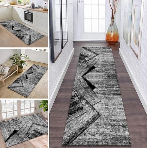 Teppich Läufer Flur rutschfest 60X160CM Dunkelgrau Schwarz Küchenteppich Waschbar Flurläufer Modern Teppichläufer, Korridor Teppich Läufer für Flur, Küche, Eingang, Wohnzimmer Schmutzfangteppich von ZDYHMrj
