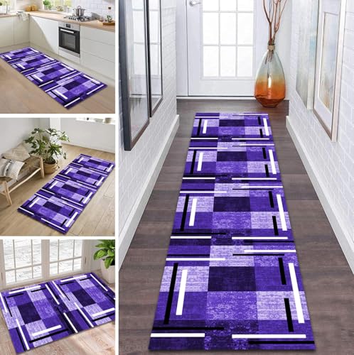 Teppich Läufer Flur rutschfest 60X240CM Violett Schwarz Weiß Küchenteppich Waschbar Flurläufer Modern Teppichläufer, Korridor Teppich Läufer für Flur, Küche, Eingang, Wohnzimmer Schmutzfangteppich von ZDYHMrj