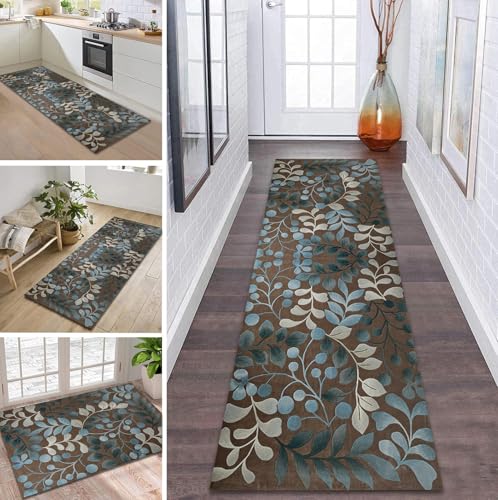 Teppich Läufer Flur rutschfest 90X350CM 3D Braun Blau Grau Küchenteppich Waschbar Flurläufer Modern Teppichläufer, Korridor Teppich Läufer für Flur, Küche, Eingang, Wohnzimmer Schmutzfangteppich von ZDYHMrj