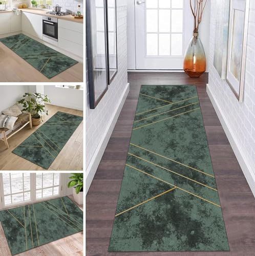 Teppich Läufer Lang Flur Küche rutschfest Waschbar Küchenläufer 100X200CM Grün Gold Modern Teppichmatten Polyester Korridor Teppichläufer Flur Wohnzimmer Schlafzimmer Schmutzfangmatte Küchenteppich von ZDYHMrj