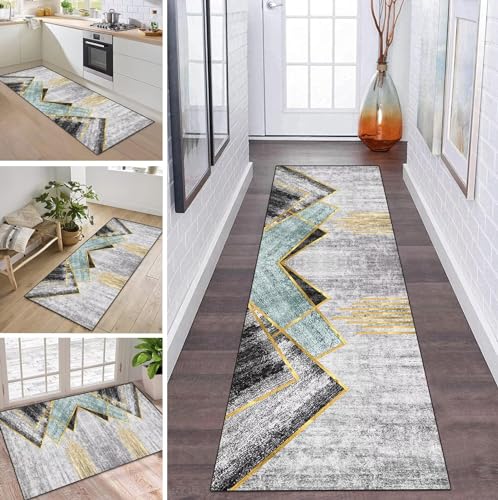 Teppich Läufer Lang Flur Küche rutschfest Waschbar Küchenläufer 120X500CM Grau Gold Grün Teppichmatten Polyester Korridor Teppichläufer Flur Wohnzimmer Schlafzimmer Schmutzfangmatte Küchenteppich von ZDYHMrj