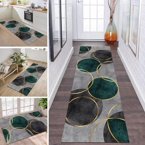 Teppich Läufer Lang Flur Küche rutschfest Waschbar Küchenläufer 80X140CM Grün Gold Grau Teppichmatten Polyester Korridor Teppichläufer Flur Wohnzimmer Schlafzimmer Schmutzfangmatte Küchenteppich von ZDYHMrj