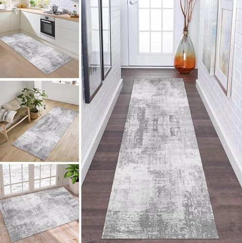 Teppich Läufer Lang Flur Küche rutschfest Waschbar Küchenläufer 80X250CM Hellgrau Modern Teppichmatten Polyester Korridor Teppichläufer Flur Wohnzimmer Schlafzimmer Schmutzfangmatte Küchenteppich von ZDYHMrj
