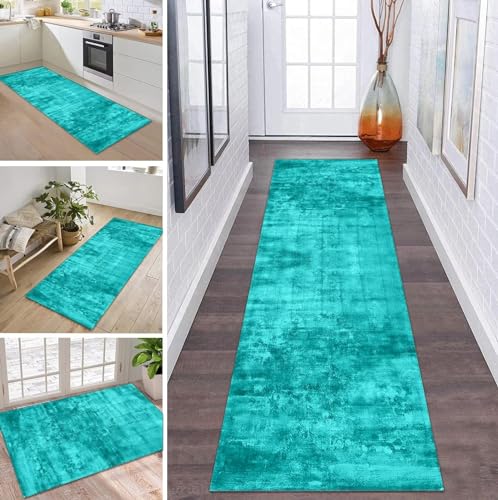 Teppich Läufer Lang Flur Küche rutschfest waschbar Korridor Tepiche Küchenläufer 50X100CM Cyan Flurteppich Teppichmatten Meterware Kücheteppich für Schlafzimmer Wohnzimmer Flurmatten Esszimmer von ZDYHMrj