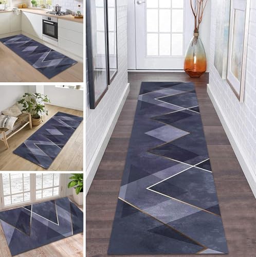 Teppich Läufer Lang Küche Flur Teppichläufer Rutschfest Waschbar Küchenläufer Teppichmatten Blau Gold Flurmatten 60X350CM Schmutzfangmatte Meterware Schlafzimmer Wohnzimmer Esszimmer Küchenteppich von ZDYHMrj