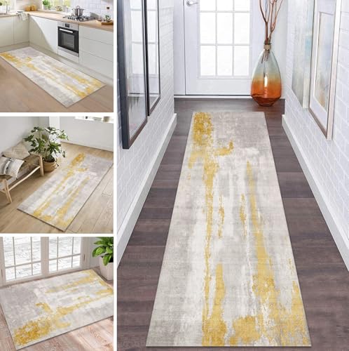 Teppich Läufer Lang Küche Flur Teppichläufer Rutschfest Waschbar Küchenläufer Teppichmatten Grau Gelb Flurmatten 50X240CM Schmutzfangmatte Meterware Schlafzimmer Wohnzimmer Esszimmer Küchenteppich von ZDYHMrj