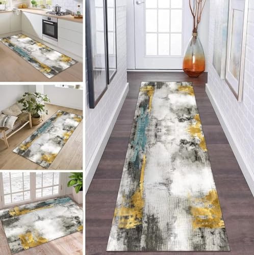 ZDYHMrj Läufer Teppich Flur Küche Waschbar rutschfest 120 * 500cm, Grau Blau Gold Moderne Blattmuster Lang Teppichmatte Dauerhaft Fur Korridor Wohnzimmer Schlafzimmer Meterware Anpassbar von ZDYHMrj