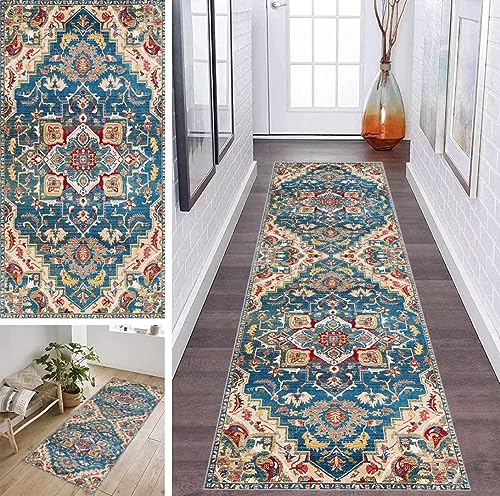 ZDYHMrj Läufer Teppich Flur Küche Waschbar rutschfest 120 * 500cm, Marokko Boho Style Blau Lang Teppichmatte Dauerhaft Fur Korridor Wohnzimmer Schlafzimmer Meterware Anpassbar von ZDYHMrj